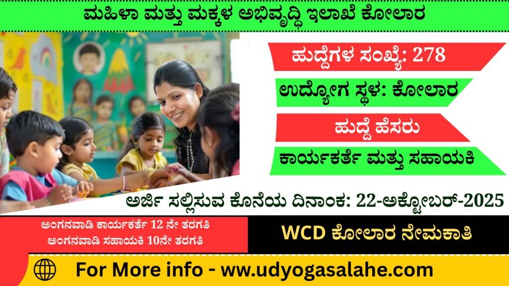 WCD Kolar Recruitment 2025: Apply for 278 Anganwadi Worker & Helper vacancies